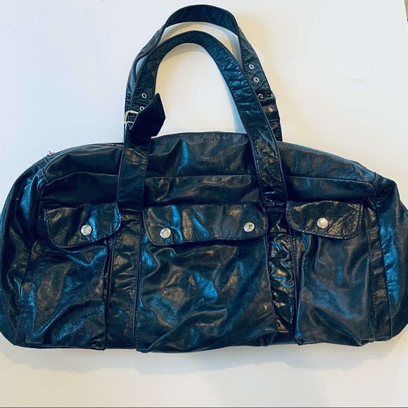 Not Rational Black Leather Duffel Overnight Gym Bag - Picture 3 of 8